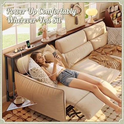 Huuger 102.4 Inch Sofa Table with Power Outlets, 23.9’’-34.4’’ Height Adjustable Range, Behind Couch Table with USB-C Ports, Sofa Tables Narrow Long, Skinny Console Table, Small Spaces, Rustic Brown - color: Rustic Brown, size: 102.4''W x 23.9''-34.4''H