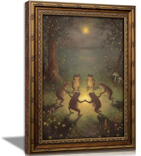 Vintage Gold Framed Frog Wall Art - Whimsical Cottage Core wall Decor picture,Frogs Dancing in Moonlight Forest Painting Canvas Prints Dark Academia Frog Poster Artwork for Living Room Bedroom 12x16in - color: Frog, size: 16"L x 12"W