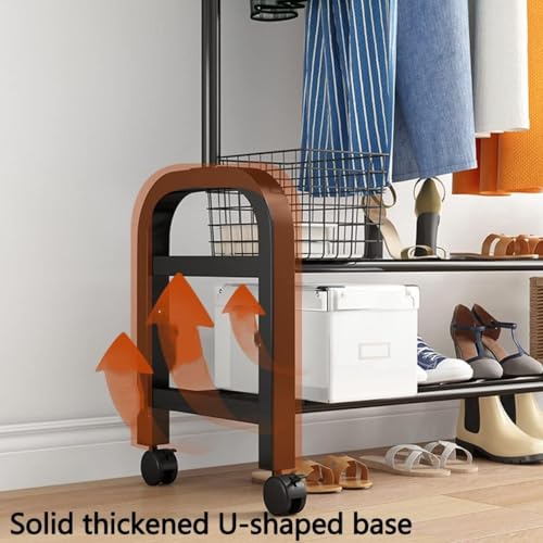 Double-Rod Garment Rack with Wheels, Clothing Rack for Hanging Clothes,4 Hooks, Multi-functional Bedroom Clothes Rack, Black