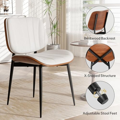 Dining Chair, Mid Century Modern Dining Room Chairs, Upholstered Faux Leather Kitchen Chairs with Walnut Bentwood Back and Metal Legs for Kitchen Dining Room Living Room, White - color: White, size: Set of 1
