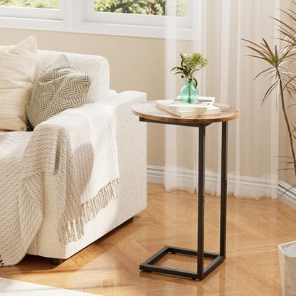 C Shaped End Table,Oval Couch Sofa Side Table for Bed Slide Under Couch, Wood Small Round Snack Table with Metal Frame, TV Tray Table for Small Space, Living Room,Easy Assembly(Brown) - color: Oak Brown+black