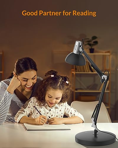 LEPOWER Metal Adjustable Desk Lamp with Clamp, Swing Arm for Home Office | Gooseneck, Architect Style, Eye-Caring Table Lamp, On/Off Switch, E26 Base, Reading for Dorm, Bedroom, Study, Back to School - color: Black