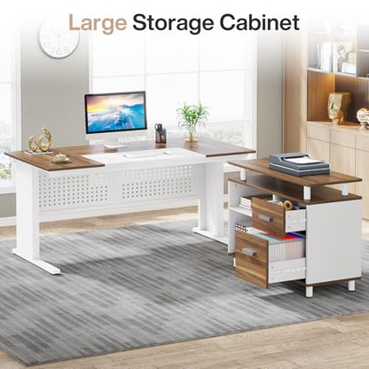 Tribesigns 63 Inch Executive Desk with File Cabinet, L Shaped Office Desk with Drawers and Storage Shelves, Business Furniture Set Workstation for Home Office, White and Walnut - color: White and Brown