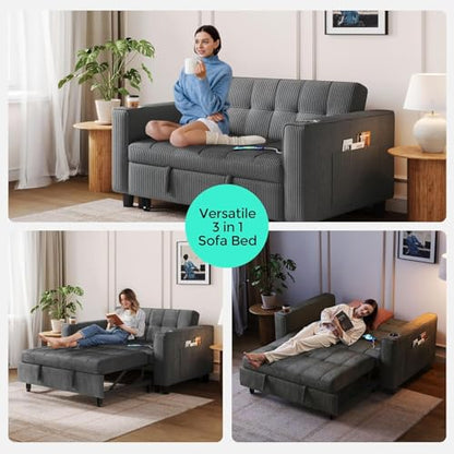 LINSY Sleeper Sofa Bed, 54" Pull Out Couch with Charging Station & Cup Holder, Small 3 in 1 Convertible Loveseat Sleeper Couch for Apartment, Dorm Room, Bedroom and Small Space, Gray - color: Dark Gray