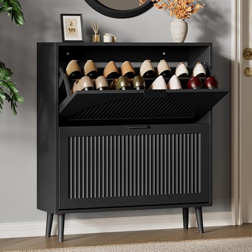 Xixini Shoe Storage Cabinet with 2 Flip Drawers, 36" Tall Narrow Wood Fluted Shoe Organizer for Entryway, Freestanding Wooden Hidden Slim Shoe Rack for Front Door Entrance, Hallway, Foyer, Solid Black - color: Solid Black, size: 2 Flip Drawers