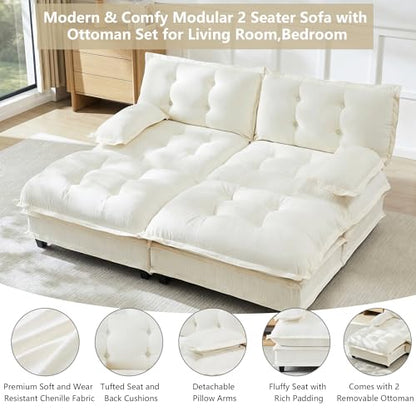 Deep Loveseat Couch with Ottomans,Modular Sectional 2 Seater Cloud Sofa with Ottoman,Tufted Chenille Double Chaise Sofas,Modern Lounger Couches for Living Room Small Spaces - color: Beige, size: 2+2