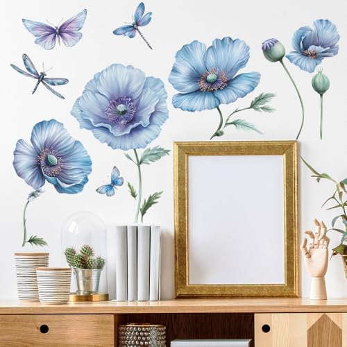 3D Wall Stickers DIY Flower Wall Decal Removable Waterproof Wall Art Decor for Bedroom Living Room Offices Home Decoration (Blue Corn Poppy) - color: Blue Corn Poppy