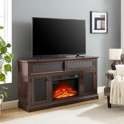 Fireplace TV Stand 58 in with 23 inch Electric Fireplace Insert, Wood Entertainment Center for TV up to 65 inch, Rustic Media Console with Embossed Sliding Doors and Cable Management, Dark Cherry - color: Cherry-d