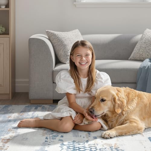 DCX Washable Abstract Area Rug 5x7, Non Slip Low Pile Rug, Blue | Easy to clean, non-shedding, soft, kid & pet friendly, with a non-slip rubber backing for living rooms, bedrooms, and offices - color: Blue & White, size: 5' x 7' (Rectangular)
