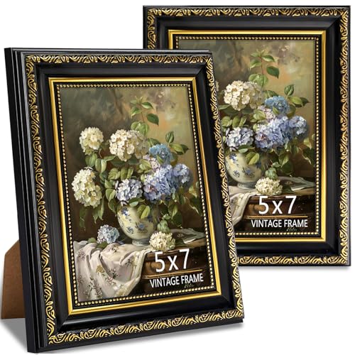 5x7 Picture Frame, Ornate Vintage Photo Frames for Wall Decor or Tabletop Display, Antique 5 x 7 photo frame with Distressed Rust-Like Finish, Retro Home Decor, Black and Gold, 2 Pack - color: Black & Gold, size: 5x7-2P