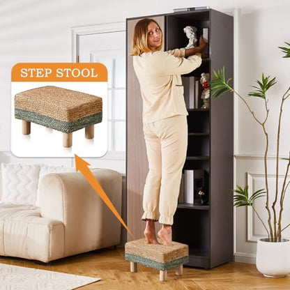 Wimarsbon Natural Seagrass Footstool Ottoman Rectangular Footrest Pouf Ottomans with Wooden Legs Hand Weave Step Stool for Living Room Bedroom Entryway Green - color: Green, size: 12"D x 16.5"W x 9.5"H