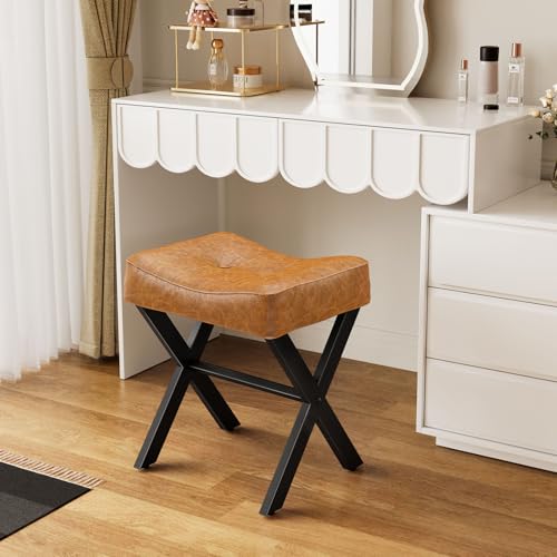18-Inch Leather Vanity Stool Chair, Brown Saddle Vanity Stool | Vanity Bench, Metal X-Leg, Ottoman Accent Stool, Thick Padded Saddle Seat, 300 LBS, 16.3"x12.4"x18", For Bedroom, Closet - size: Small, style: Brown Leather