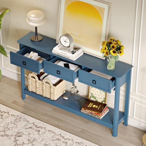 Treocho 53.1" Console Table with 3 Drawers, Sofa Table Behind Couch, 2 Tier | Long Entryway Table with Storage, Modern, For Hallway, Living Room, Blue - color: Blue