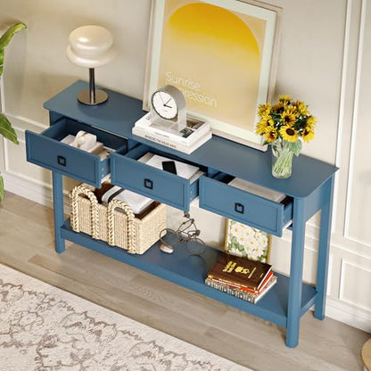 Treocho 53.1" Console Table with 3 Drawers, Sofa Table Behind Couch, 2 Tier | Long Entryway Table with Storage, Modern, For Hallway, Living Room, Blue - color: Blue