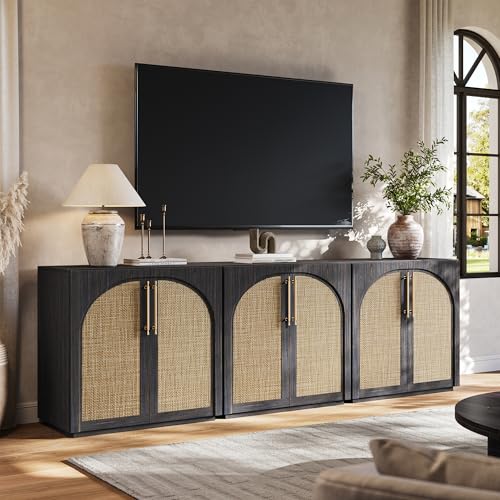 Buffet Cabinet with Rattan Doors,94.5'' W Arched Storage Cabinet | Modular Sideboard Cabinet, Adjustable Shelves, Boho Credenza, For Kitchen, Coffee Bar, Living Room, Entryway, Dark Walnut - color: Dark Walnut-rattan Doors