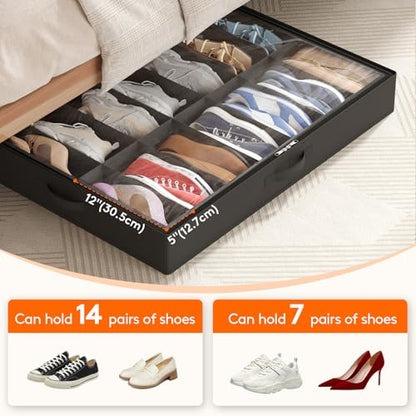 Lifewit Under Bed Shoe Storage Organizer 2 Pack(14 Shoes Cells), 4.3 Inches Profile Fabric Shoes Container Box with Clear Cover, Foldable Storage Bag with 2 Handles, Fits 14 to 28 Pairs - style: 14 Shoes Cells