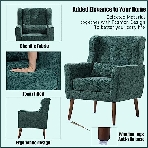 Accent Chair, Living Room Chairs with Solid Wood Legs & Pillow | Chairs Living Room with High Tufted Backrest, Reading Chair for Bedroom/Office, Chenille Fabric - color: Blackish Green