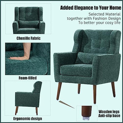 Accent Chair, Living Room Chairs with Solid Wood Legs & Pillow | Chairs Living Room with High Tufted Backrest, Reading Chair for Bedroom/Office, Chenille Fabric - color: Blackish Green