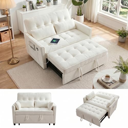 Dreamzie 55'' 3 in 1 Convertible Sofa Bed with USB Charging Ports, Pull Out Couch with Adjustable Backrest and Side Pockets, Sleeper Sofa for Living Room, Apartment, RV, Easy Assembly - Beige - color: Beige