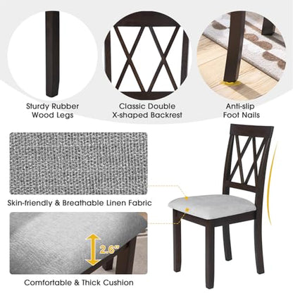 3Pcs Dining Set with Drop Leaf Dining Table and 2 X-Back Chairs, Solid Wood Kitchen Table Set for Small Place, Espresso+Grey - color: Espresso+grey