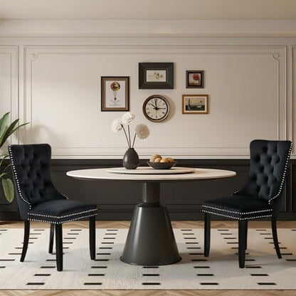 Velvet Upholstered Dining Chairs Set of 2, Modern Style Kitchen Side Chairs with Nailhead Trim and Wood Legs,Metal Pulling Ring for Dining Room Living Room(Black,Set of 2) - color: Black, size: Set of 2