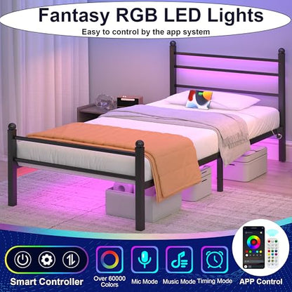 J.Fkne Metal Platform Twin Bed Frame with LED Lights, Charging Station, Headboard, Heavy Duty Slats, No Box Spring Required, Black - size: Twin, style: Retro
