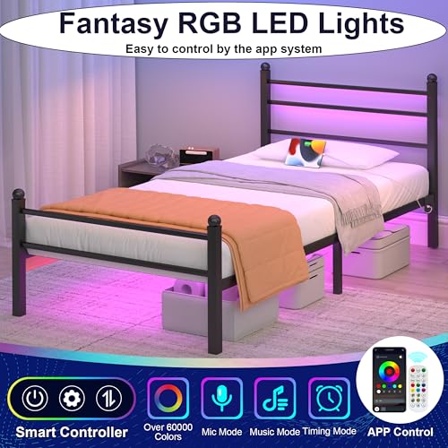J.Fkne Twin Bed Frame with LED Lights & Charging Station, Metal Platform Bed with Headboard, Heavy Duty Metal Slats, No Box Spring Needed, Noise Free, Easy Assembly, Black - size: Twin, style: Classic Black
