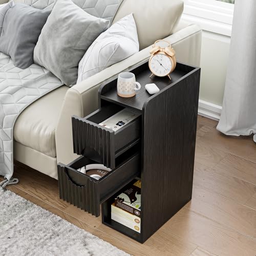 Black Night Stand Set of 2, Narrow Nightstand with Drawers, Small Bedside Table, Skinny Bed Side Table, Modern Nightstand for Bedroom, Living Room, Wood, Fluted, Black - color: Black-2 Pcs