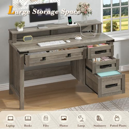 47" Farmhouse Computer Desk with 4 Drawers for Home Office, Bedroom | Executive Desk with Power Outlets, Home Office Desk with Monitor Stand & Drawers, Small Desk Writing Study Table, Grey - color: Grey