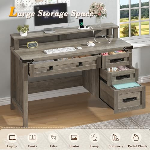 47" Farmhouse Computer Desk with 4 Drawers for Home Office, Bedroom | Executive Desk with Power Outlets, Home Office Desk with Monitor Stand & Drawers, Small Desk Writing Study Table, Grey - color: Grey