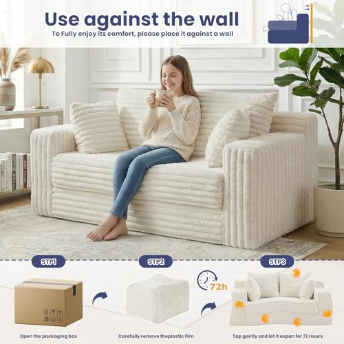 3-in-1 Convertible Sofa Bed: Boneless Loveseat Sleeper & Folding Couch Bed with 4 Pillows & Detachable Cushion,Furry Futon Couch for Bedroom,Apartment,Office and Living Room, No Assembly,Beige - color: D-beige, size: Loveseat Sofa