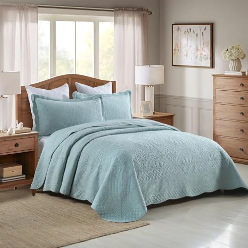 MarCielo 100% Cotton Quilt Set - 3-Piece Embroidered Farmhouse Bedspread & Shams, All-Season Breathable Bedding (Tf Aruba Blue, Queen) - color: Tf Aruba Blue, size: Queen (98" x 90")