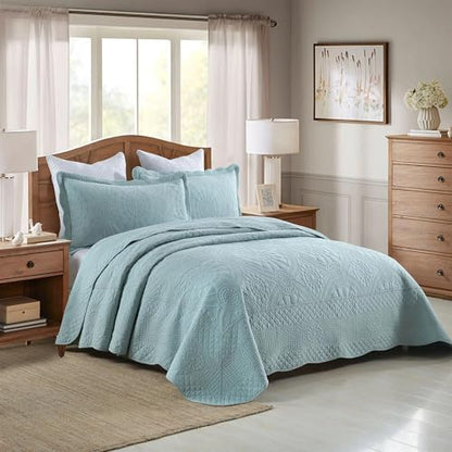 MarCielo 100% Cotton Quilt Set - 3-Piece Embroidered Farmhouse Bedspread & Shams, All-Season Breathable Bedding (Tf Aruba Blue, Queen) - color: Tf Aruba Blue, size: Queen (98" x 90")