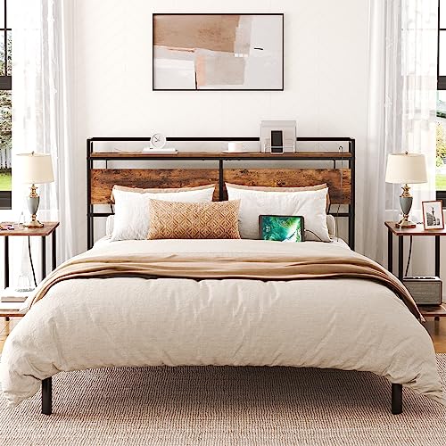 HOOBRO Headboard Queen Size, Headboard with 2 Outlets and 4 USB Ports, Adjustable Height, Storage Rack, Sturdy and Stable, Easy Assembly, Rustic Brown and Black - color: Rustic Brown + Black, size: Queen