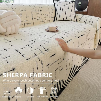 Sherpa Fleece Couch Cover for 2 Cushion Sofa, Beige, 71" x 118" – Pet Proof Sofa Covers, Heavy Duty, Scratch Resistant, Pet Friendly Furniture Cover – Easy Install, Machine Washable - color: Stripe 2 White, size: 71" x 118"