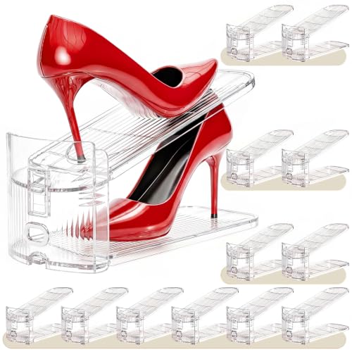 Shoe Stacker, Shoe Slot Organizer for Closet, Shoe Storage Rack | 12 Pack, Clear, 50% Space Saver, 3 Adjustable Height, Tool-Free Assembly, 30% Thicker, Superior Load Bearing - size: 12 Pack