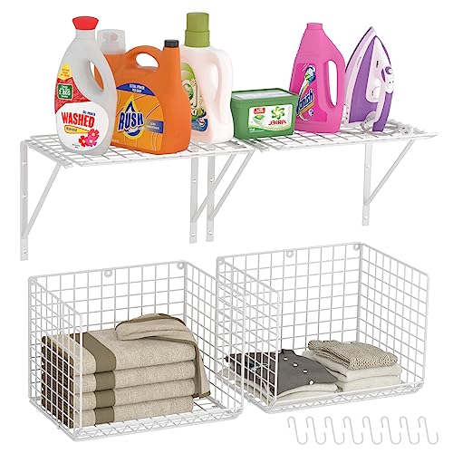 2 Pack Laundry Room Shelves Wall Mounted with Wire Baskets, Over the Washer and Dryer Shelf with Clothes Drying Rack, 8 Hooks，Wire Shelves Baskets for Laundry Closet Organization and Storage, White - color: White