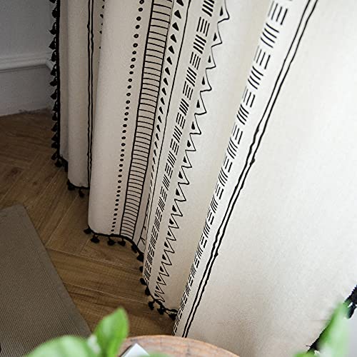 Deeprove Boho Curtains 84 Inches Long, Cream White and Black Bohemian Geometric Print with Tassel, Cotton Linen Semi-Blackout Window Fringe Drape for Bedroom Living Room, Rod Pocket, 1 Panel, 59"x84" - color: Cream & Black Boho, size: 59"W x 84"L (Pack of