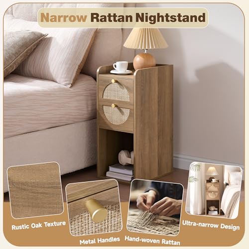 Narrow Nightstand Set of 2 (Rattan & Wood) - Small Bedside Table with 2 Drawers, Open Shelf, Mid Century Modern End Table - for Bedroom, Living Room & Small Spaces, Rustic Oak Rattan - color: Rustic Oak Rattan, size: 9.9"W (2 Pc)