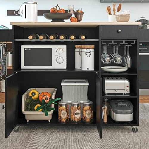 IRONCK Kitchen Island Cart with Wheels for Kitchen and Dining Room | Wine Rack, Drawers, Open Shelves, Storage, Drawer Space - color: Black