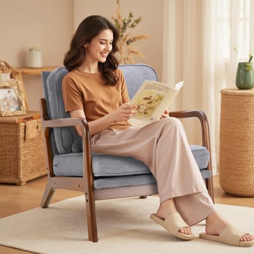 DUMOS Mid Century Modern Accent Chair, 16'' Seat Height Cozy Lounge Chair | Upholstered Armchair with Waist Cushion and Wood Frame for Living Room, Bedroom, Reading Nook, Balcony, Classic Grey - color: Classic Grey, size: 1 Pack