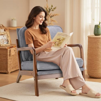 DUMOS Mid Century Modern Accent Chair, 16'' Seat Height Cozy Lounge Chair | Upholstered Armchair with Waist Cushion and Wood Frame for Living Room, Bedroom, Reading Nook, Balcony, Classic Grey - color: Classic Grey, size: 1 Pack