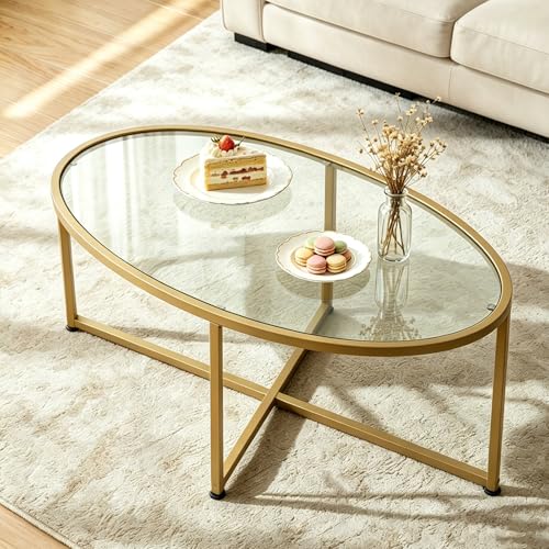 Wolawu Coffee Table Gold Oval Glass Coffee Tables for Living Room,Modern Gold Metal Frame Tea Tables for Small Space, Tempered Glass Top Center Table with Stable Cross Base for Bedroom, Office,Balcony - color: Gold Glass