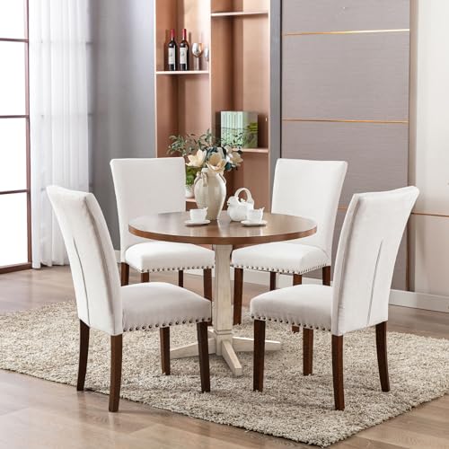 COLAMY Upholstered Dining Chairs Set of 2, Parsons Style Side Chairs with Nailhead Trim and Solid Wood Legs, Comfortable Linen Fabric for Kitchen & Dining Room – Beige - size: set of 2