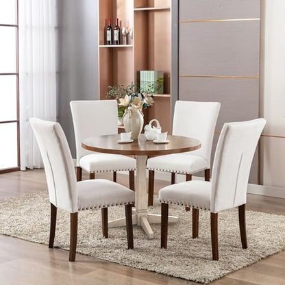 COLAMY Upholstered Dining Chairs Set of 2, Parsons Style Side Chairs with Nailhead Trim and Solid Wood Legs, Comfortable Linen Fabric for Kitchen & Dining Room – Beige - size: set of 2