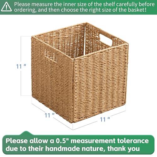 11x11x11 Cube Storage Bins Set of 4, Paper Rope Hand Woven Storage Basket with Handles, Collapsible Square Storage Cubes for Shelves, Wicker Shelf Baskets for Living Room Bedroom Organizing, Natural - size: 11" x 11" x 11" (4 Pack)