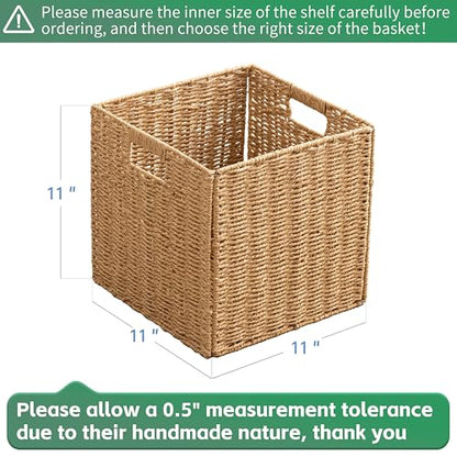 11x11x11 Cube Storage Bins Set of 4, Paper Rope Hand Woven Storage Basket with Handles, Collapsible Square Storage Cubes for Shelves, Wicker Shelf Baskets for Living Room Bedroom Organizing, Natural - size: 11" x 11" x 11" (4 Pack)