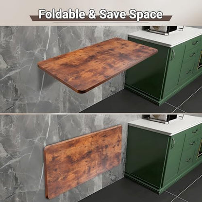 Neoaider Wall Mounted Folding Table 47.2”L x 19.7”W, Brown | Laundry Folding Table with Heavy Duty Metal Collapsible Shelf Brackets, Wall Mounted Desk Fold Down for Small Spaces - color: Brown, size: 47.2" x 19.7"