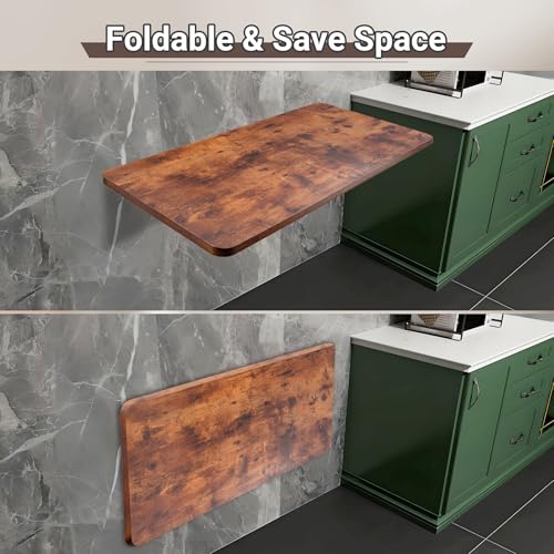 Neoaider Wall Mounted Folding Table 39.4”L x 19.7”W, Brown | Laundry Folding Table with Heavy Duty Metal Collapsible Shelf Brackets, Wall Mounted Desk Fold Down for Small Spaces - color: Brown, size: 39.4" x 19.7"