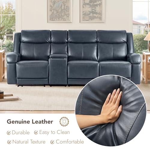 Watson & Whitely Wall Hugger Power Reclining Sofa with Console, Navy Blue | Genuine Leather Recliner Sofa, Power Headrests, Center Storage Console, Cup Holders, 3-Seater Couch, Living Room & RV - color: Navy Blue, style: 3 Seater Sofa (with console)